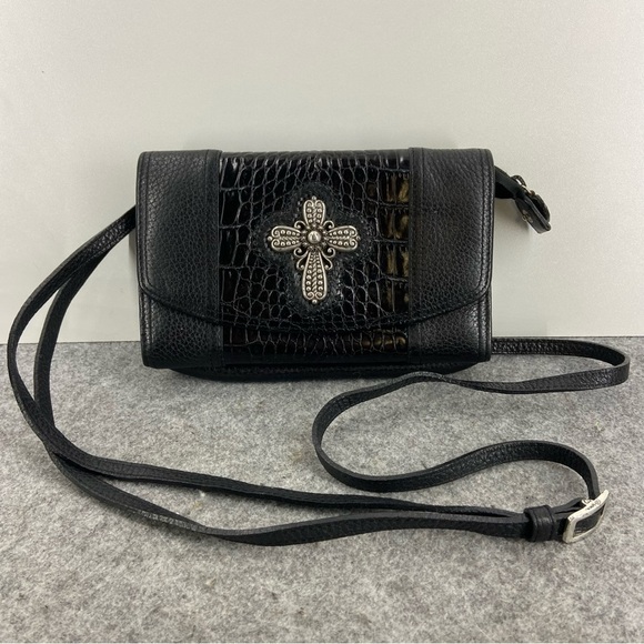 Brighton Handbags - Brighton Black Pebbled Leather Deluxe Wallet Crossbody Purse With Silver Cross